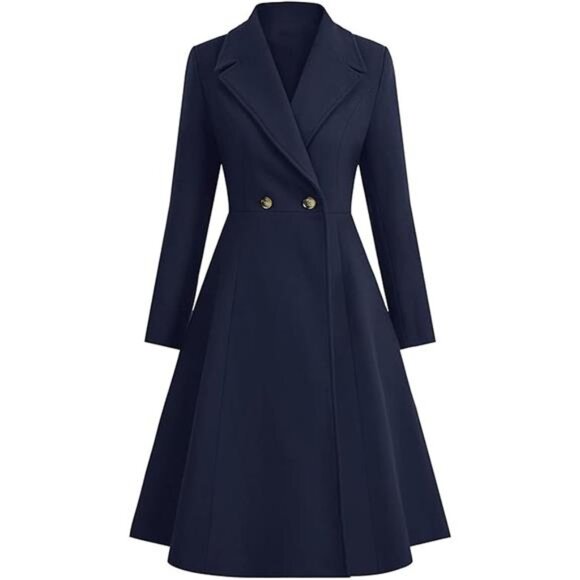 Women's Long Wool Trench Coat Winter Warm Dark Blue